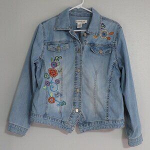 Coldwater creek womens denim jacket size S blue button down floral embellished